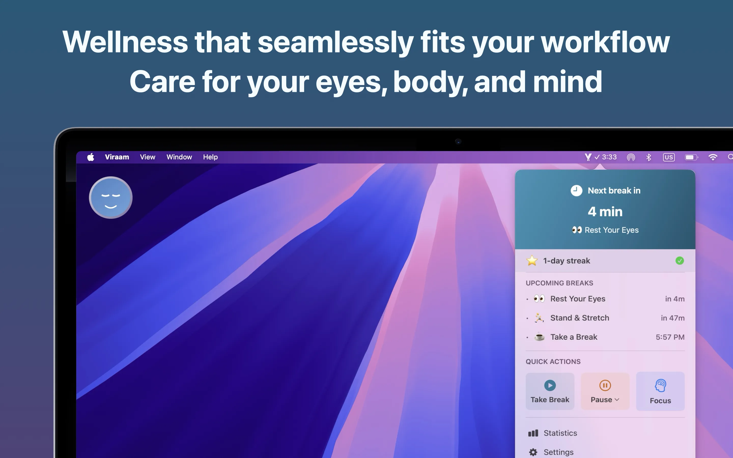 Viraam macOS app - Smart break reminders for eye rest, movement, and sleep with menu bar integration